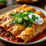 Close-up of Boulders Enchiladas Recipe topped with cheese, sour cream, cilantro, and jalapeños.