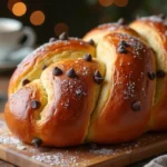 A golden-brown braided chocolate chip brioche loaf with a glossy finish, resting on a wooden cutting board in a cozy kitchen setting.