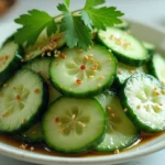 Din Tai Fung cucumber salad with fresh cucumbers, sesame seeds, and chili flakes.
