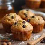 Golden-brown GAPS raisin muffins on a wooden countertop, surrounded by almond flour, raisins, cinnamon sticks, and honey.
