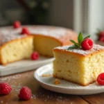 Moist kefir sheet cake slices topped with fresh berries and powdered sugar, placed on a rustic wooden table.