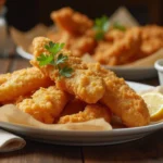 Golden-brown fried fish and chicken made with Long John Silvers batter recipe, served with dipping sauces and lemon wedges on a rustic table.