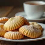 A moist, golden-brown madeleine cookie with cream, lightly dusted with powdered sugar, placed on a rustic wooden table.