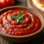 Marks Pizza Sweet Sauce in a bowl surrounded by fresh tomatoes, garlic, and oregano, with a pizza in the background.