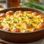 Rustic ceramic dish filled with golden potato chive bake, topped with fresh chives, surrounded by tableware and cheese accents.