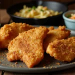 Golden, crispy fried fish seasoned with hillbilly fish fry seasoning, served on a rustic table with lemon wedges, tartar sauce, coleslaw, and cornbread.