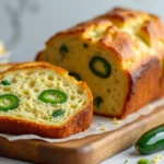 Artisan loaf of vegan jalapeno cheese bread sliced to reveal a soft interior with jalapenos and melted vegan cheese, placed on a rustic wooden board.