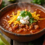 A bowl of taco soup topped with crispy Fritos, cheese, sour cream, cilantro, and lime, perfect for a comforting meal.